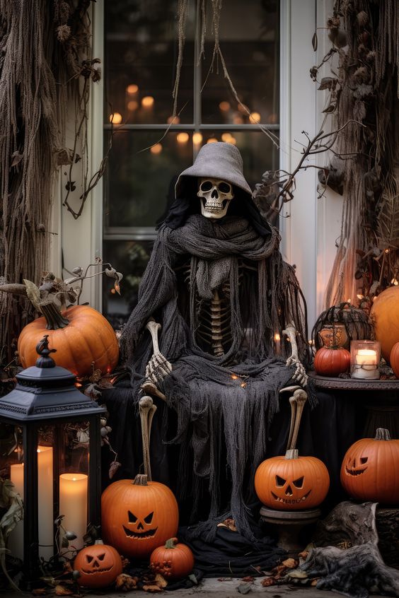 фотозона на хэллоуин со скелетом