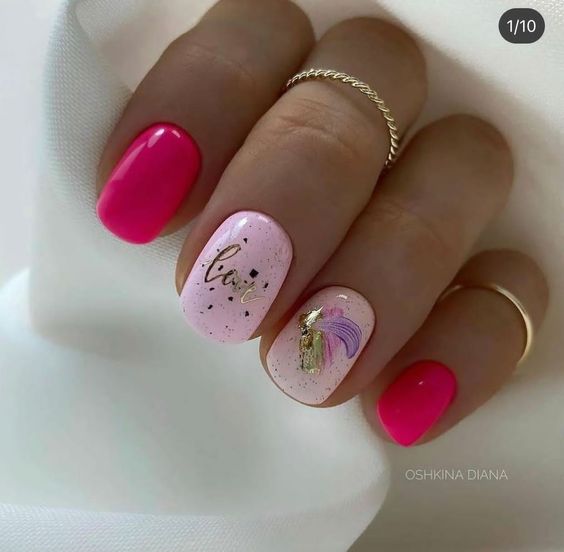 розовый маникюр на короткие ногти с декором - фото